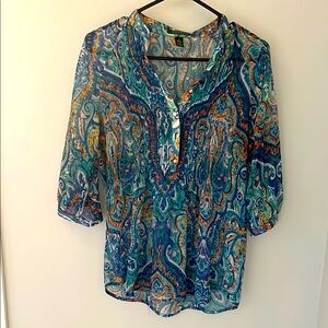 Ralph Lauren Blue and Green Graphic semi sheer Blouse with Mandarin Collar